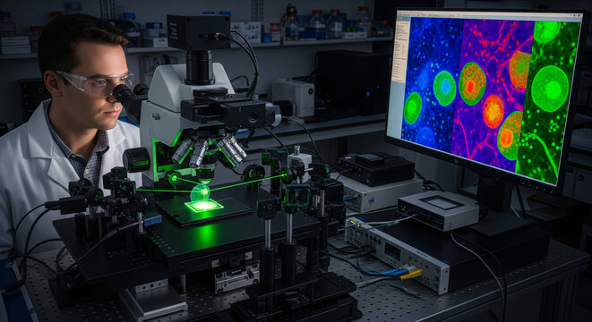 Scientist using confocal microscope to study glowing cells