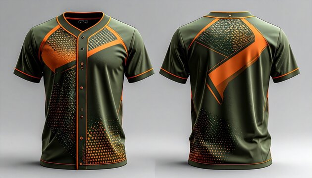 Modern athletic jersey mockup, front and back, in olive green with dynamic orange accents and unique geometric patterns