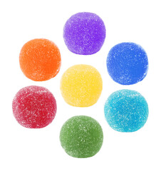 symmetrical arrangement of bright, sugar-coated sour gummy drops forming a circular flower shape, isolated on a transparent background.