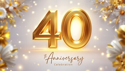 Elegant 40th anniversary celebration design isolated on white background featuring golden numbers, delicate flowers, and sparkling lights for a festive and memorable event