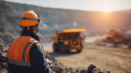 Mining Engineer Supervising Open-Pit Operation – Heavy Equipment and Dump Truck in Industrial Quarry