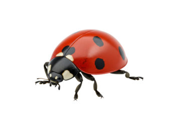 Isolated ladybug with red shell and black spots poses in studio light, insect species close-up