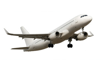 Fototapeta premium Passenger airplane flying, showing landing gear, symbolizing global transport, business travel, and air freight, on transparent background