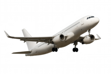 Passenger airplane flying, showing landing gear, symbolizing global transport, business travel, and air freight, on transparent background