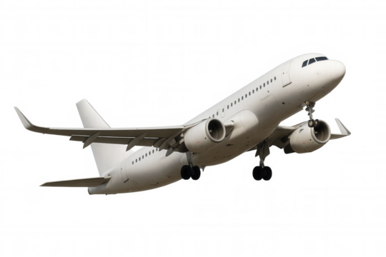 Passenger airplane flying, showing landing gear, symbolizing global transport, business travel, and air freight, on transparent background