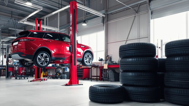 Modern Automotive Workshop with Red SUV on Hydraulic Lift – Tire Replacement and Inspection Service Center