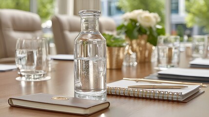 A clear glass bottle of water and notepad sit ready on a conference table for an important business meeting.