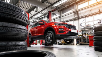 Modern Automotive Workshop with Red SUV on Hydraulic Lift &ndash; Tire Replacement and Inspection Service Center
