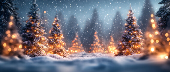 Naklejka premium A snowy Christmas landscape with snow-covered pine trees and twinkling lights, set against the backdrop of a starry night sky.