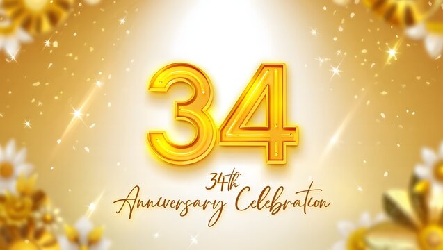 Golden 34th anniversary celebration design with shimmering lights, delicate daisy accents, and a warm, inviting glow, perfect for commemorating this special milestone
