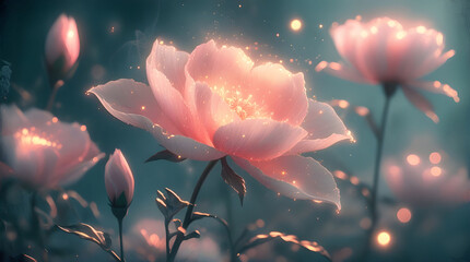 soft pink flowers glowing with a warm, magical radiance Blossoms of Light Generative Ai