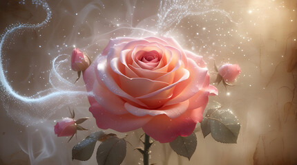 delicate pink rose glowing with an ethereal aura Stardust Rose, Generative Ai