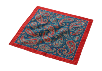 A colorful cotton bandana with paisley designs, ideal for brightening casual attire.