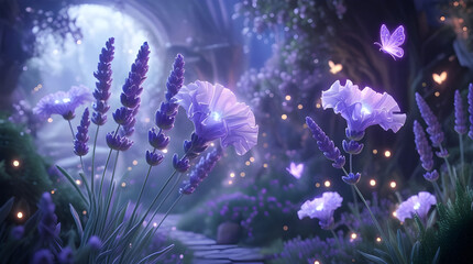 dreamlike enchanted forest, glowing under a moonlit sky. Lavender flowers and glowing blossoms, Enchanted Lavender Path Generative Ai
