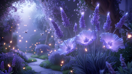 dreamlike enchanted forest, glowing under a moonlit sky. Lavender flowers and glowing blossoms, Enchanted Lavender Path Generative Ai