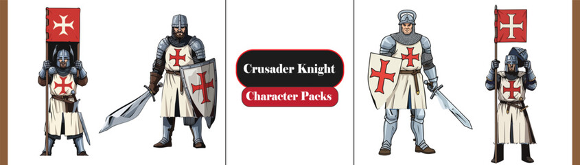 Crusader Knight Character Set – Banner-Raising Soldiers in Armor