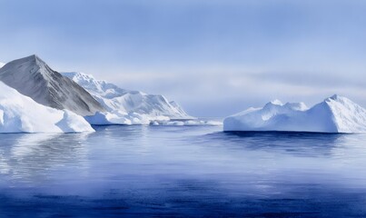 Hand-painted watercolor scene, Antarctic bay with icebergs and icy mountains, gentle washes of blue and white, minimal details