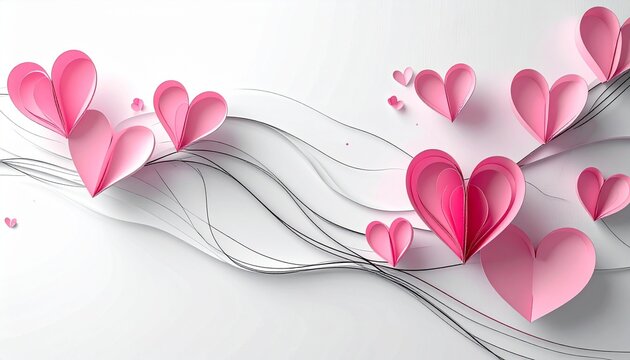 Elegant Pink Paper Hearts Adorned with Delicate Swirling Lines on a Clean White Background - Powered by Adobe