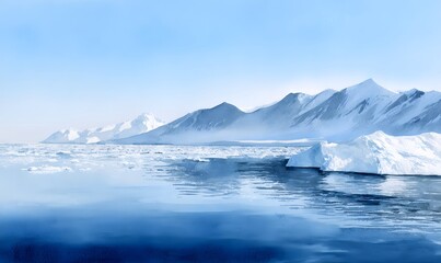 Hand-painted watercolor scene, Antarctic bay with icebergs and icy mountains, gentle washes of blue and white, minimal details