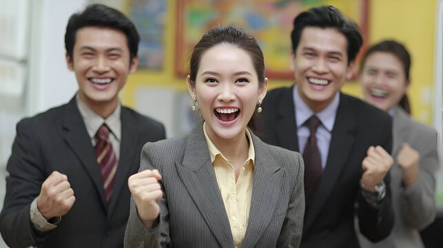 Group of excited young business professionals cheer together celebrating successful collaboration in the office.