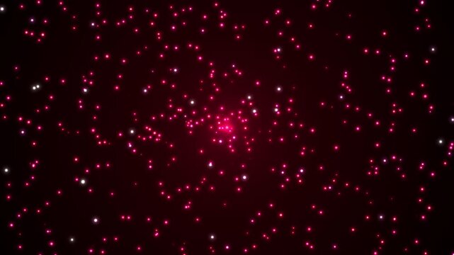 Abstract particle background. A bright glowing sphere attracts particles and they swirl around it. 4K; seamless loop.