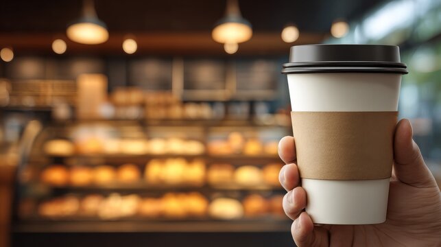 A hand holds a disposable coffee cup with a sleeve in a warm, blurry cafe. Lights & pastries are in the background