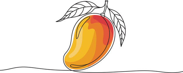 Vibrant single line drawing of a ripe mango with leaves and stem presented artistically with minimalist continuous line detail vector