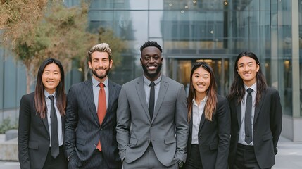 Diverse group of young professional business people standing confidently together in front of modern office building.
