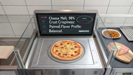 Freshly baked pizza cooking in a commercial oven with digital display