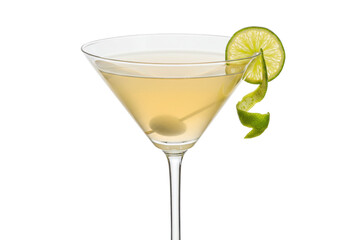 Isolated cocktail drink in a martini glass with lime garnish and olive, refreshing beverage