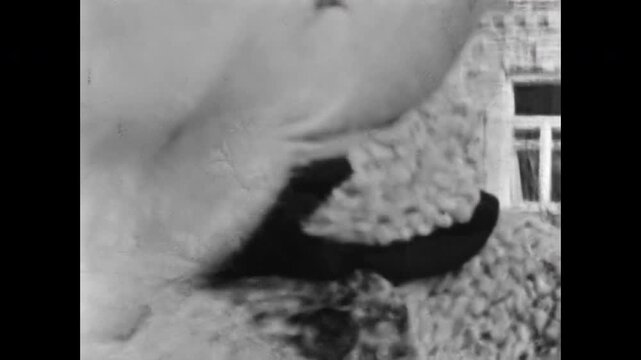 Happy, carefree woman running through snowy village. Unbridled joy in cold winter. Cheerful New Year, Christmas weekend in snow countryside. Old film. Archival retro 1960s. Vintage happiness archive - Powered by Adobe