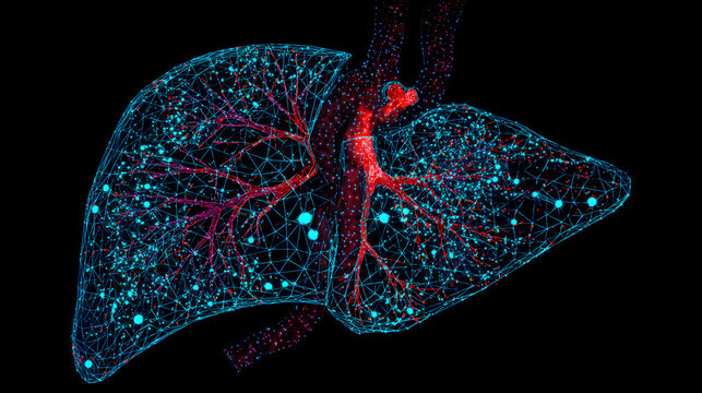 Stunning 3D digital wireframe representation of the human liver with vibrant blue and red glowing nodes and intricate vascular network for medical concepts