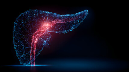 Stunning 3D digital visualization of a human liver with glowing red pathways, representing health, science, and medical breakthroughs.