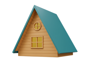 Isolated small wooden house with blue roof, triangle gable, round window, and square window