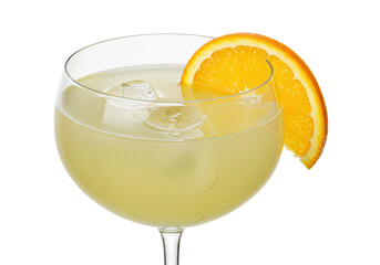 Isolated beverage in a cocktail glass with orange slice for a refreshing drink concept