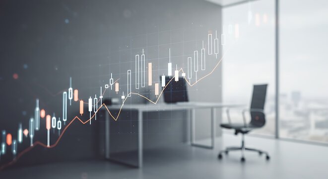 Abstract financial chart overlayed on modern office interior background