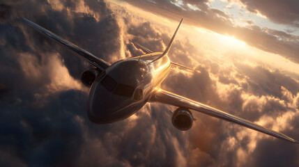 Luxury jet soaring through dramatic clouds at sunset, capturing the freedom and elegance of air travel during a golden hour flight.