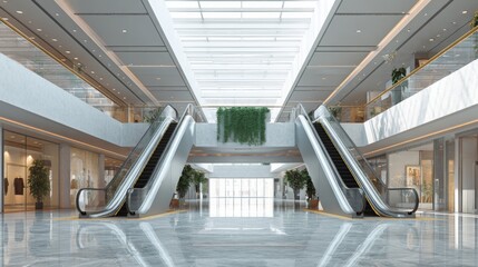 A bright, modern interior of a shopping center with escalators, glass railings, and natural light