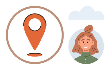 Woman s portrait with a smiling face near an orange location pin. Ideal for navigation, user profiles, geotagging, communication, personal branding, location-based services, simple flat metaphor