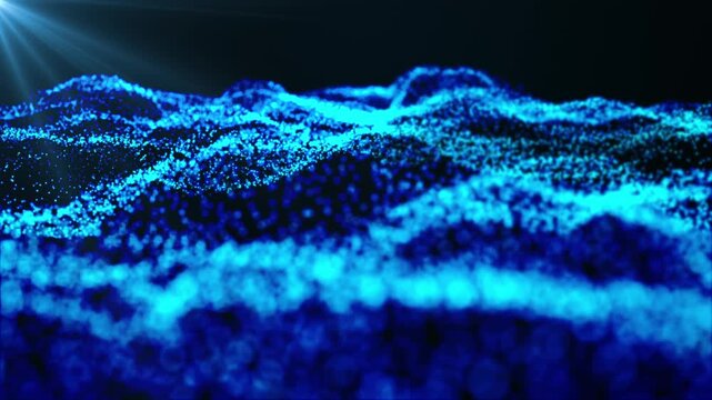 Animation of a blue particle wave. A high-tech background with glowing particles, a swirling surface of dots forming a complex spiral structure. 4K, seamless loop.