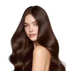 Woman with Brown Long Curly Hair Isolated on White and Png Transparent Background