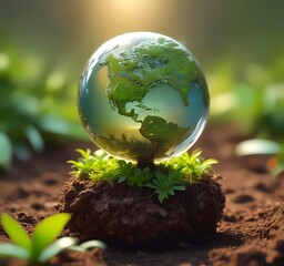 Miniature Earth globe sprouting from rich soil in a garden