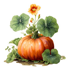 Watercolor painting of an orange pumpkin surrounded by green leaves and an orange flower