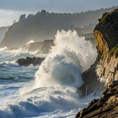 dynamic ocean wave crashing against rocks realistic