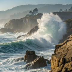 dynamic ocean wave crashing against rocks realistic