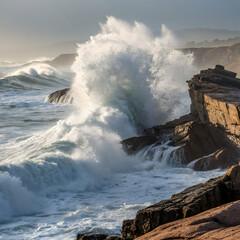 dynamic ocean wave crashing against rocks realistic