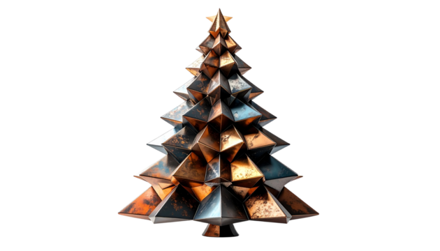 Christmas tree made from metallic geometric shapes, isolated on transparent background, abstract minimal holiday design, PNG.