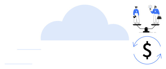 Cloud with two professionals balancing scales and dollar symbol in a circular arrow. Ideal for teamwork, business strategy, resource management, financial planning, cloud technology, collaboration