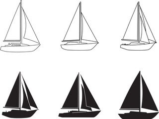 Collection of stylized sailboat illustrations in outline and silhouette