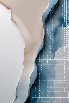 professional photo of a delicate neutral watercolor wash subtly fading into a low-opacity binary code pattern creating an organic-digital fusion set against a clean and minimal layout optimized for in